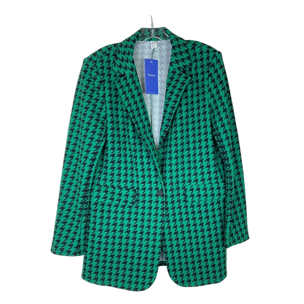 NWT Floerns Women's One Button Blazer Size L Houndstooth Green Black Business - Picture 2 of 9